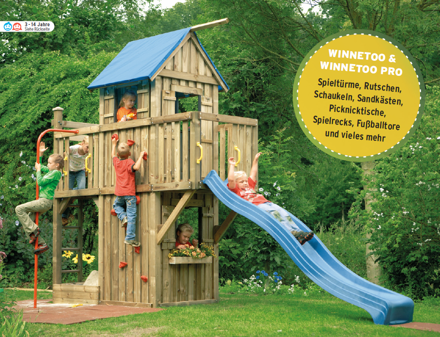 großer Spielturm mit Rutsche und Kletterwand volle Kinder