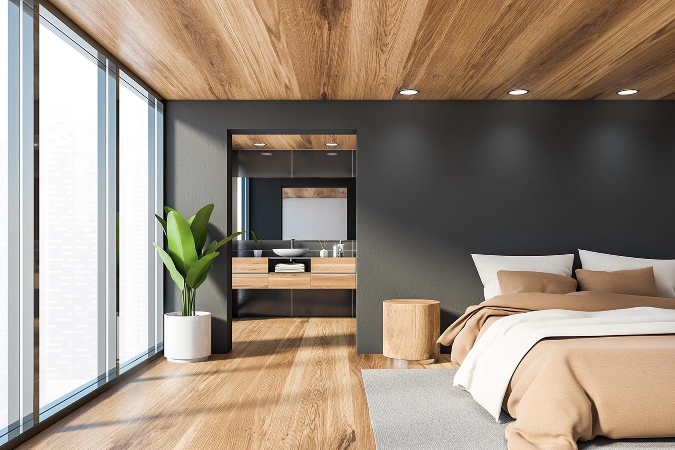 Moderne Wand- und Deckengestaltung mit Holz und Paneelen bei Gschwander modernes Schlafzimmer mit Holzboden und Holzdecke